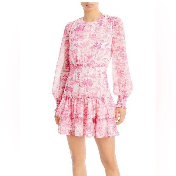 Aqua Pink Toile Printed long sleeve fit and flare dress - Picture 1 of 11